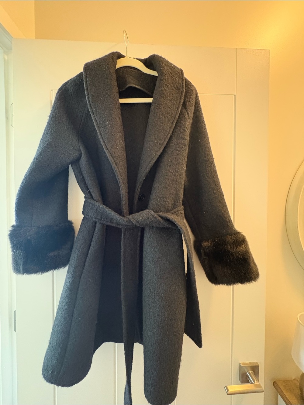 Black Wool-Blend Belted Pea Coat with Faux Fur Cuffs